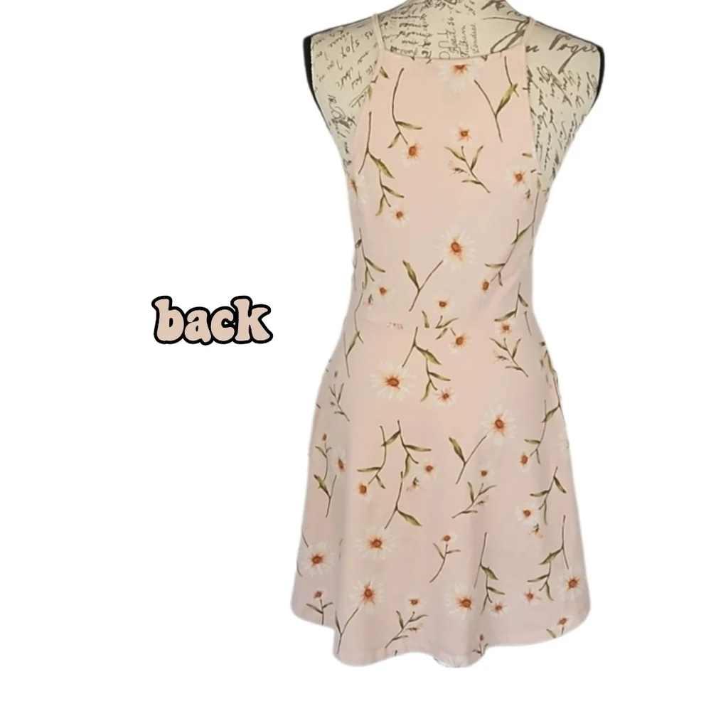 A-line Sleeveless Sundress with Daisy Floral Print, Pink, Size L (Snug Fit)